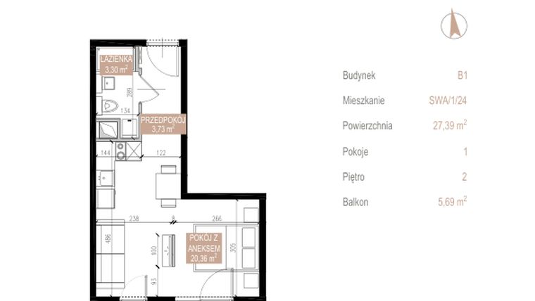 Rzut - Mieszkanie na sprzedaż 1 pokój o powierzchni 27,38 m² - numer SWA/1/24/D w Apartamenty Świeradowska