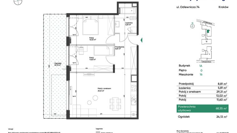 Rzut - Mieszkanie na sprzedaż 3 pokoje o powierzchni 68,55 m² - numer 1A_M16 w U Przybyszewskiego etap 4