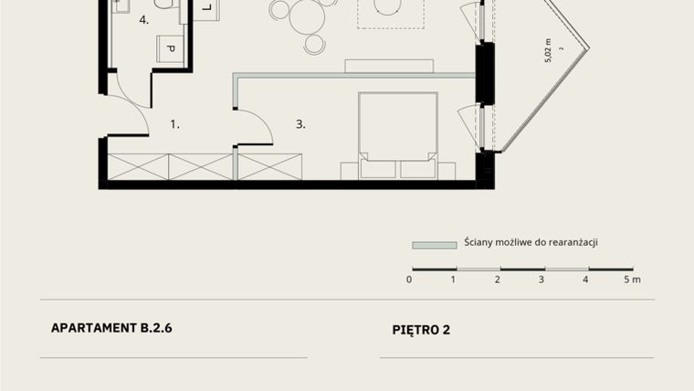 Rzut - Mieszkanie na sprzedaż 2 pokoje o powierzchni 45,26 m² - numer B/2/6 w Ogrodowa 12