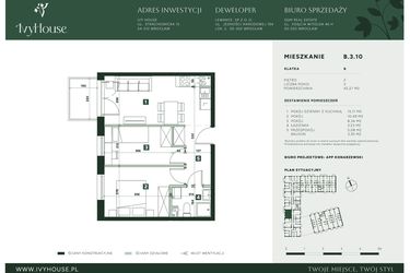 Rzut - Mieszkanie na sprzedaż 3 pokoje o powierzchni 42,27 m² - numer B.3.10 w IVY HOUSE