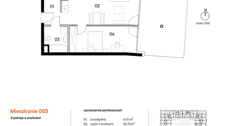 Rzut - Mieszkanie na sprzedaż 2 pokoje o powierzchni 45,69 m² - numer A003 w Miasto Polskich Mistrzów Olimpijskich