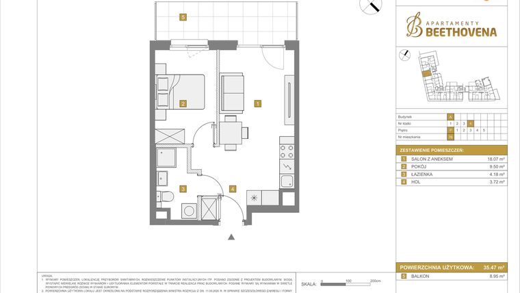Rzut - Mieszkanie na sprzedaż 2 pokoje o powierzchni 35,47 m² - numer A76 w Apartamenty Beethovena