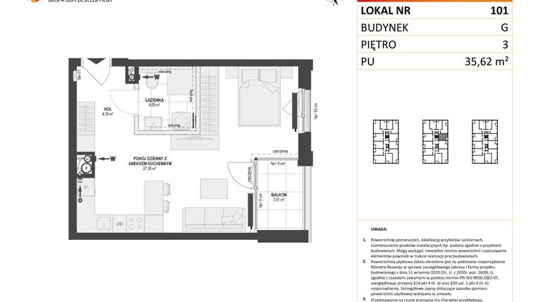 Rzut - Mieszkanie na sprzedaż 1 pokój o powierzchni 35,62 m² - numer G.101 w DOKI etap II (bud. G)