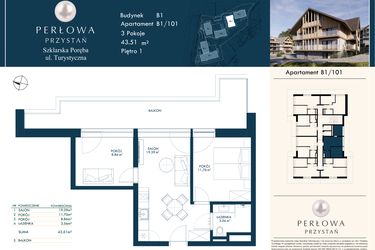 Rzut - Mieszkanie na sprzedaż 2 pokoje o powierzchni 43,51 m² - numer B1/101 w Perłowa Przystań - Szklarska Poręba