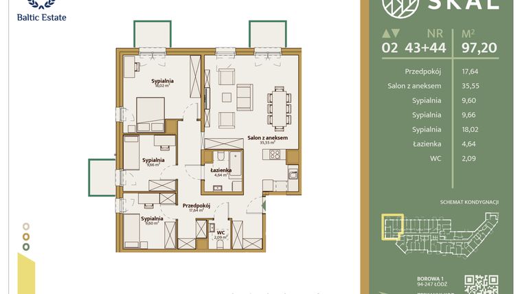 Rzut - Mieszkanie na sprzedaż 1 pokój o powierzchni 97,2 m² - numer M.43+44 w Skal