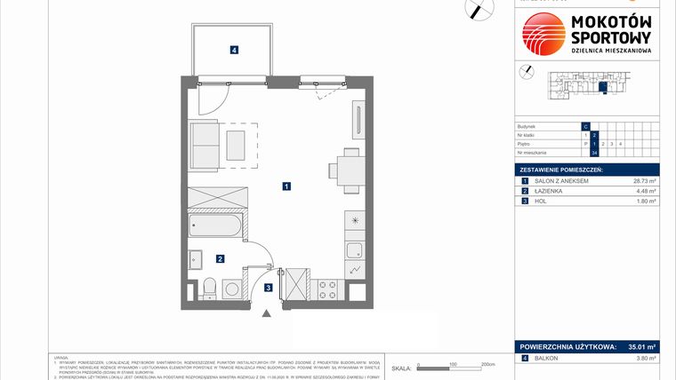 Rzut - Mieszkanie na sprzedaż 1 pokój o powierzchni 35,01 m² - numer C.34 w Mokotów Sportowy 1.1B