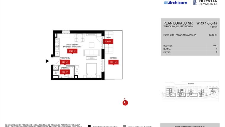 Rzut - Mieszkanie na sprzedaż 1 pokój o powierzchni 39,43 m² - numer WR3 1/0/5/1a w Przystań Reymonta etap II