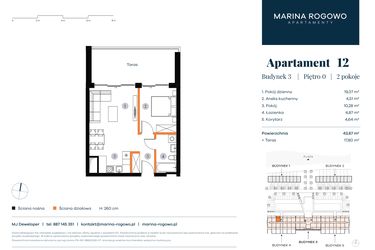 Rzut - Mieszkanie na sprzedaż 2 pokoje o powierzchni 43,67 m² - numer 12 w Apartamenty Marina Rogowo