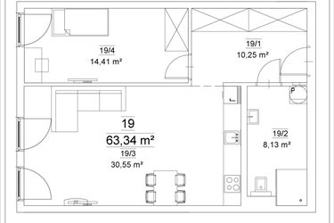 Rzut - Mieszkanie na sprzedaż 2 pokoje o powierzchni 63,34 m² - numer 19 w Osiedle Teatralne 19