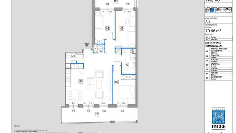Rzut - Mieszkanie na sprzedaż 4 pokoje o powierzchni 79,66 m² - numer A.1 w Dom HYGGE Mokotów