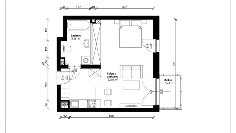 Rzut - Mieszkanie na sprzedaż 1 pokój o powierzchni 39,53 m² - numer B.1.27.1a w ATRIUM
