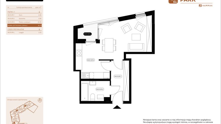 Rzut - Mieszkanie na sprzedaż 1 pokój o powierzchni 36,72 m² - numer 1.09 w Białoprądnicka Park