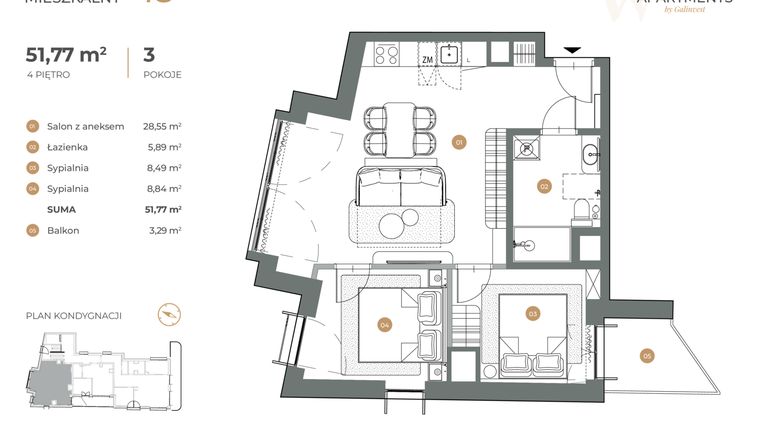 Rzut - Mieszkanie na sprzedaż 3 pokoje o powierzchni 51,77 m² - numer 18 w Witkiewicza Apartments