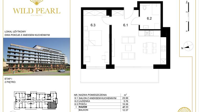 Rzut - Mieszkanie na sprzedaż 2 pokoje o powierzchni 47,11 m² - numer 2.6 w Wild Pearl