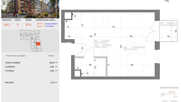 Rzut - Mieszkanie na sprzedaż 1 pokój o powierzchni 38,27 m² - numer I-B74 w Industria etap I-B
