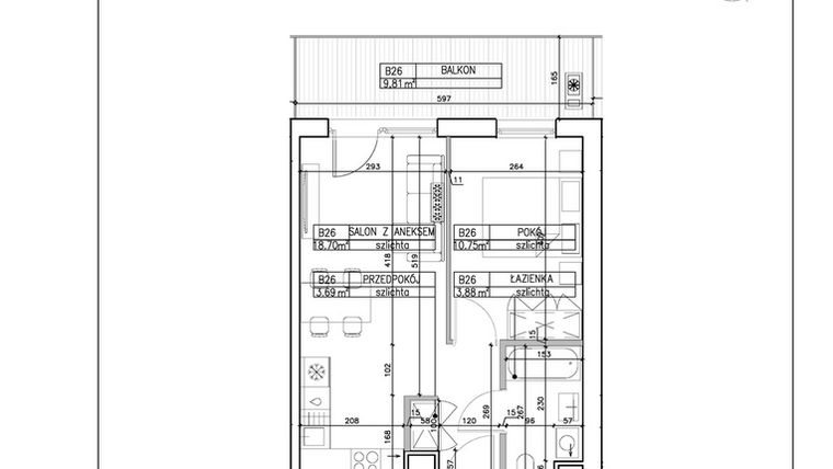 Rzut - Mieszkanie na sprzedaż 2 pokoje o powierzchni 37,02 m² - numer B26 w Symfonia - Chodkiewicza 9