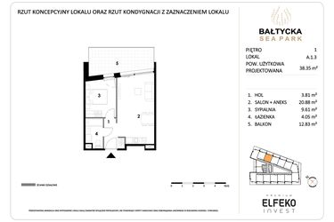 Rzut - Mieszkanie na sprzedaż 2 pokoje o powierzchni 38,35 m² - numer A.1.3 w Bałtycka Sea Park