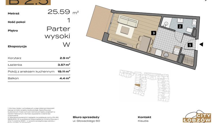 Rzut - Mieszkanie na sprzedaż 1 pokój o powierzchni 25,59 m² - numer B 2.5 w City Łobzów