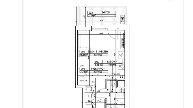 Rzut - Mieszkanie na sprzedaż 1 pokój o powierzchni 25,34 m² - numer B92 w Symfonia - Chodkiewicza 9