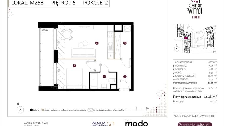 Rzut - Mieszkanie na sprzedaż 2 pokoje o powierzchni 44,46 m² - numer M258 w Osiedle Witaj etap II