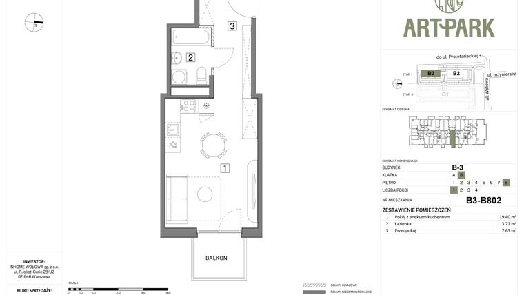Rzut - Mieszkanie na sprzedaż 1 pokój o powierzchni 30,74 m² - numer B.3.B802 w Inhome Osiedle ArtPark etap I