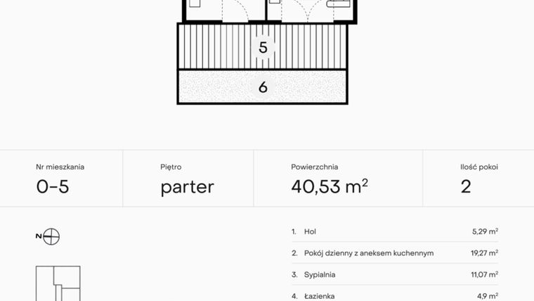 Rzut - Mieszkanie na sprzedaż 2 pokoje o powierzchni 40,53 m² - numer 0-5 w Pączka 1