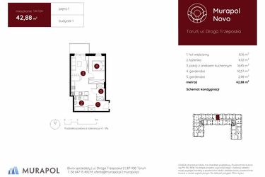 Rzut - Mieszkanie na sprzedaż 1 pokój o powierzchni 42,88 m² - numer 1.A.1.04 w Murapol Novo