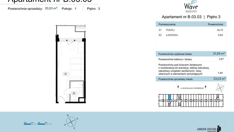 Rzut - Mieszkanie na sprzedaż 1 pokój o powierzchni 33,03 m² - numer B.03.03 w Wave Świnoujście Thermal & Spa