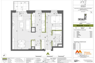 Rzut - Mieszkanie na sprzedaż 2 pokoje o powierzchni 53,05 m² - numer F1.D.01.03 w XYZ Place