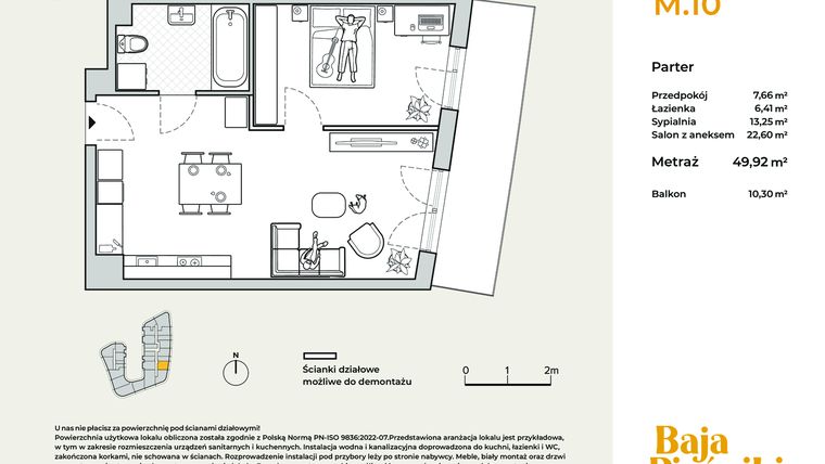 Rzut - Mieszkanie na sprzedaż 2 pokoje o powierzchni 49,92 m² - numer M10 w Baja Piaśniki