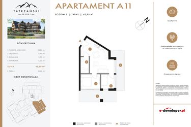 Rzut - Mieszkanie na sprzedaż 3 pokoje o powierzchni 42,99 m² - numer A11 w Tatrzański Resort