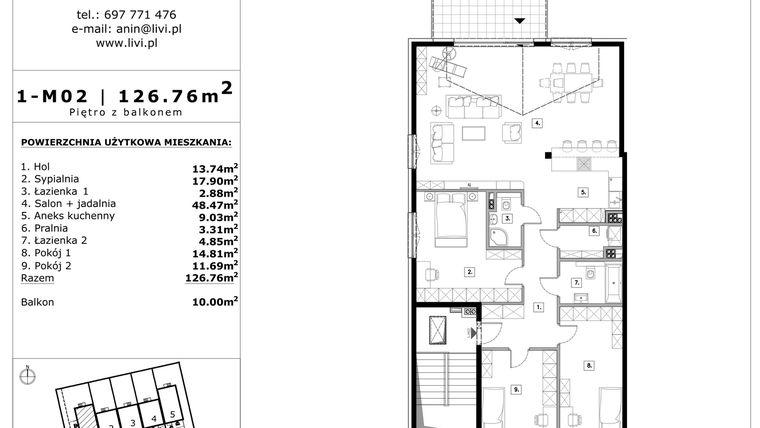 Rzut - Mieszkanie na sprzedaż 4 pokoje o powierzchni 126,76 m² - numer 1-m02 w Apartamenty Anin