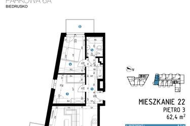 Rzut - Mieszkanie na sprzedaż 3 pokoje o powierzchni 62,4 m² - numer 6A.22 w Parkowa 6AC - ETAP III
