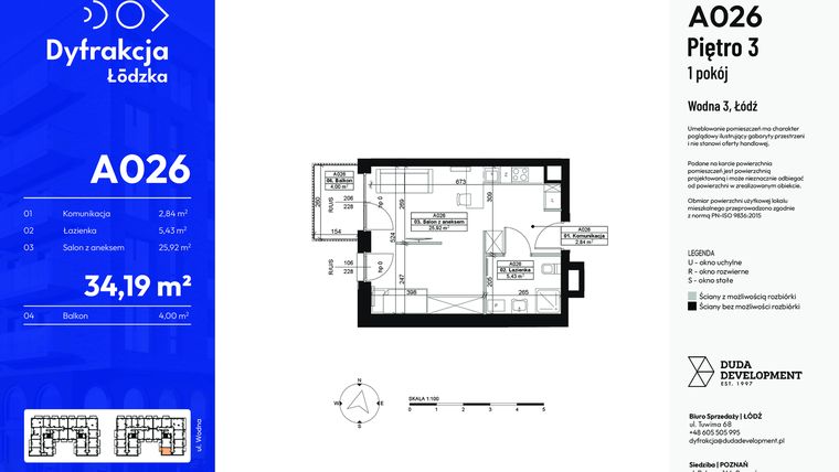 Rzut - Mieszkanie na sprzedaż 1 pokój o powierzchni 34,19 m² - numer A026 w Dyfrakcja Łódzka