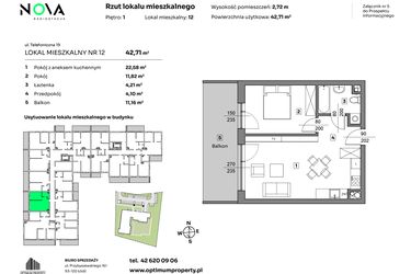 Rzut - Mieszkanie na sprzedaż 2 pokoje o powierzchni 42,71 m² - numer 12 w Nova Radiostacja