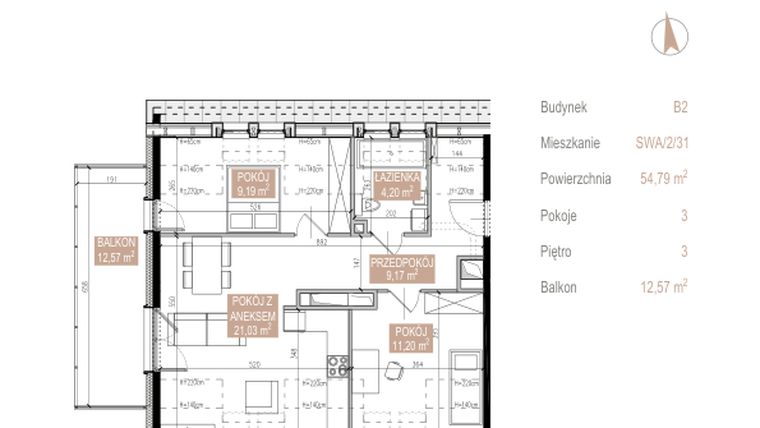 Rzut - Mieszkanie na sprzedaż 3 pokoje o powierzchni 53,8 m² - numer SWA/2/31/E w Apartamenty Świeradowska