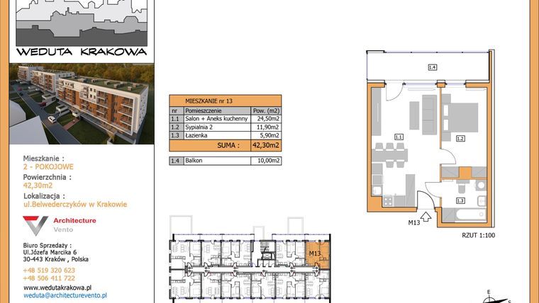 Rzut - Mieszkanie na sprzedaż 2 pokoje o powierzchni 42,3 m² - numer M13 w Weduta Krakowa etap II