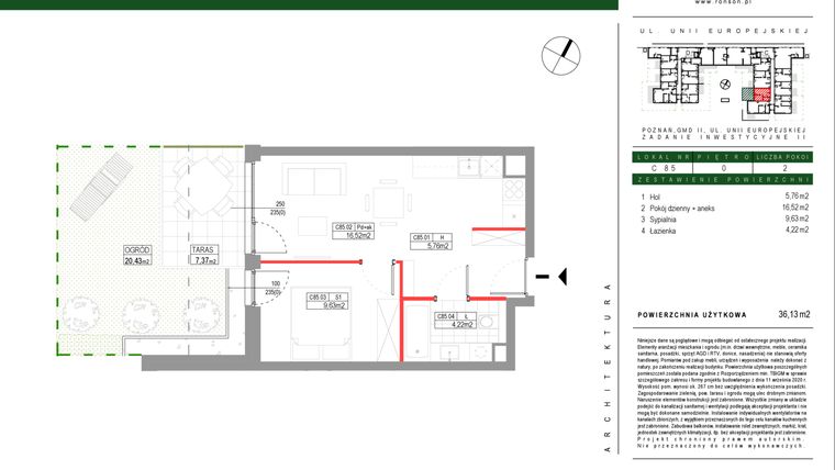 Rzut - Mieszkanie na sprzedaż 2 pokoje o powierzchni 36,13 m² - numer C085 w Grunwald Między Drzewami etap III