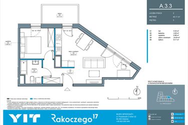 Rzut - Mieszkanie na sprzedaż 2 pokoje o powierzchni 43,1 m² - numer A.3.3 w Rakoczego 17