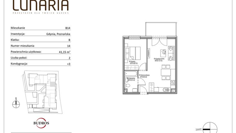 Rzut - Mieszkanie na sprzedaż 2 pokoje o powierzchni 41,15 m² - numer B14 w Lunaria