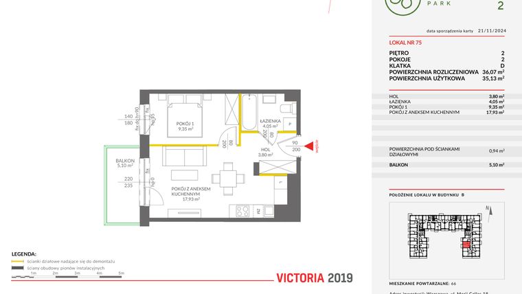 Rzut - Mieszkanie na sprzedaż 2 pokoje o powierzchni 36,07 m² - numer B.75 w Olchowy Park II