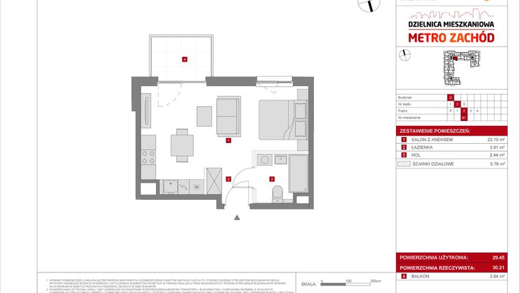 Rzut - Mieszkanie na sprzedaż 1 pokój o powierzchni 29,45 m² - numer D.61 w Dzielnica Mieszkaniowa Metro Zachód - etap 8.2