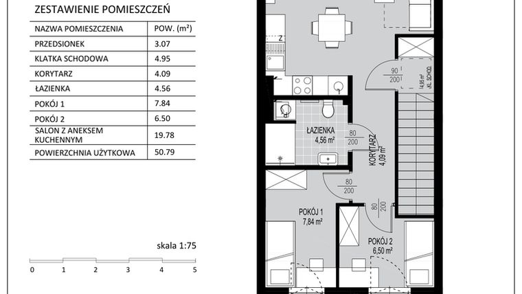 Rzut - Mieszkanie na sprzedaż 3 pokoje o powierzchni 50,79 m² - numer D4 w Kowalove etap 2