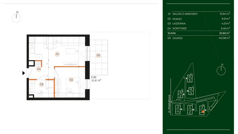 Rzut - Mieszkanie na sprzedaż 2 pokoje o powierzchni 32,82 m² - numer 9A.03 w Wiaduktowa