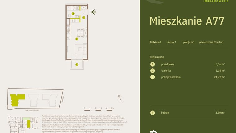 Rzut - Mieszkanie na sprzedaż 1 pokój o powierzchni 33,49 m² - numer A77 w Osiedle Imbramowskie