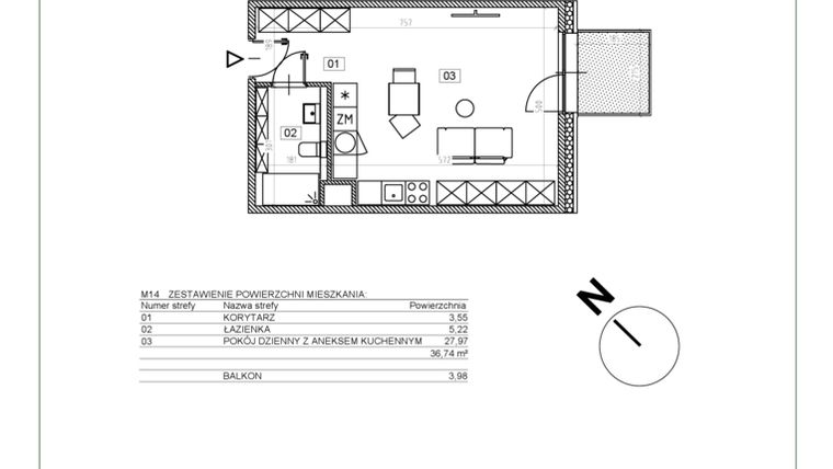 Rzut - Mieszkanie na sprzedaż 1 pokój o powierzchni 36,98 m² - numer I.M14 w Osiedle Glivia Zachodnia