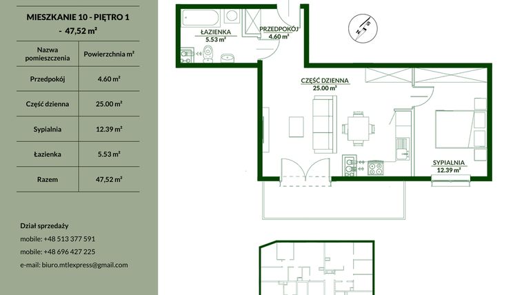 Rzut - Mieszkanie na sprzedaż 2 pokoje o powierzchni 47,52 m² - numer 10 w Bukowa etap II