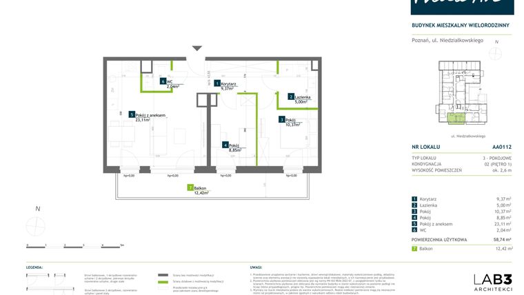 Rzut - Mieszkanie na sprzedaż 3 pokoje o powierzchni 58,74 m² - numer AA0112 w Vilda Arte