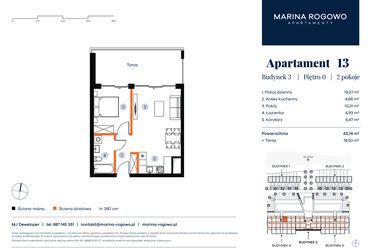 Rzut - Mieszkanie na sprzedaż 2 pokoje o powierzchni 43,74 m² - numer 13 w Apartamenty Marina Rogowo