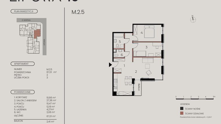Rzut - Mieszkanie na sprzedaż 3 pokoje o powierzchni 67,01 m² - numer M.2.5 w Lipowa 43